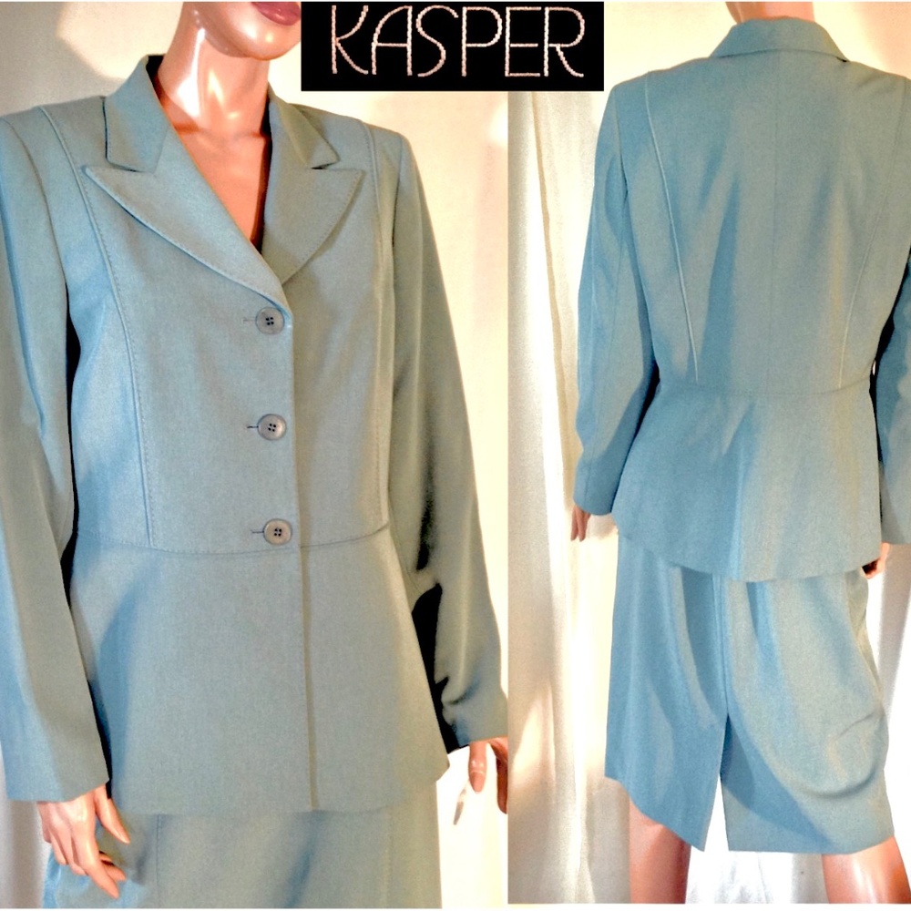 VTG Gray-Green Short Pencil Skirt Suit 3 Button Long Jacket Career Business~10